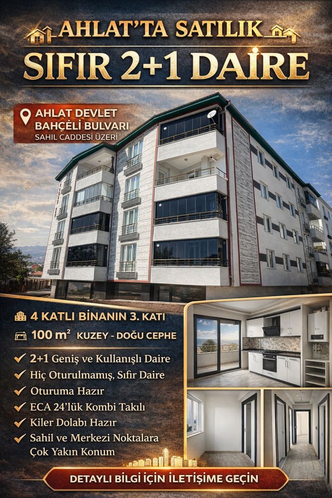 AHLAT SAHİL YOLUNDA SATILIK 3 KAT 100 m2 KD. CEPHE 2+1 SIFIR DAİRE